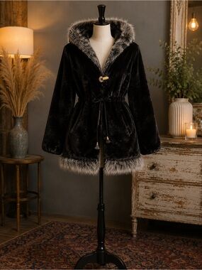Black Faux Fur Hooded Coat with Gray Trim